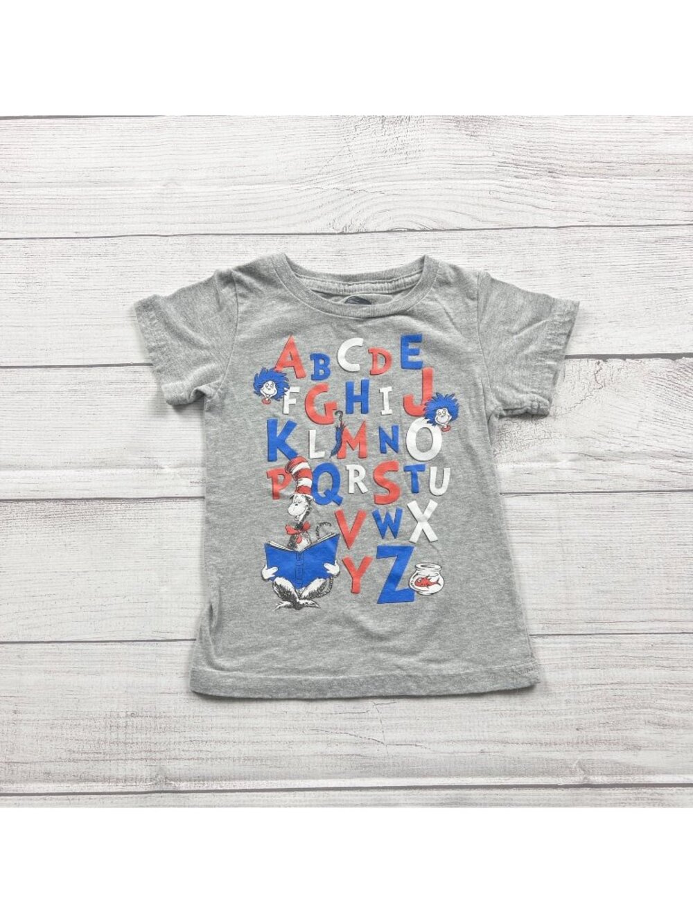 Dr Seuss Gray Alphabet Cat in the Hat Graphic Short Sleeve T-Shirt Toddler 2T